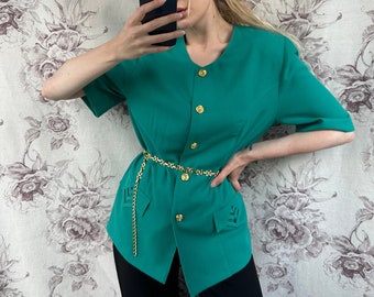 Vintage turquoise color light jacket with golden buttons, elegant and classy 70s blazer with short sleeves