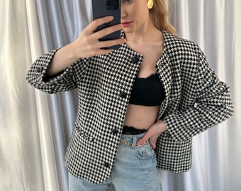 Vintage wool black and white blazer, classy houndstooth women's jacket