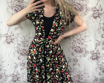 Vintage black midi dress with red floral print, elegant summer women’s dress with short sleeves