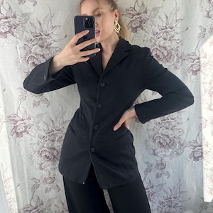 Vintage black blazer with satin floral print, elegant tailored women’s jacket