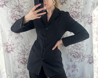 Vintage black blazer with satin floral print, elegant tailored women’s jacket