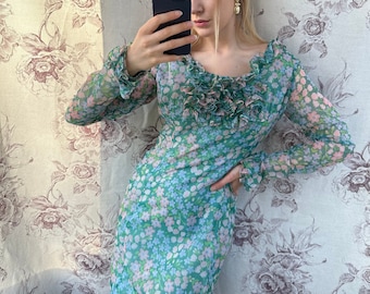 Vestido de volantes verde vintage, vestido midi con mangas transparentes