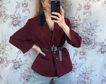 Vintage czarno-czerwona marynarka, elegancka wełniana kurtka