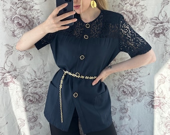 Giacca leggera vintage a maniche corte blu navy, elegante blazer anni '70 con top in pizzo trasparente