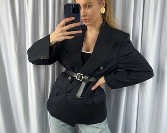 Vintage navy blazer, oversized elegant classy jacket