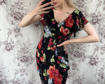 Vintage v-neck black dress with red and blue floral print, elegant night out summer midi dress