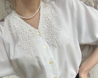 Vintage viscose white blouse with short sleeves, romantic shirt with crochet collar