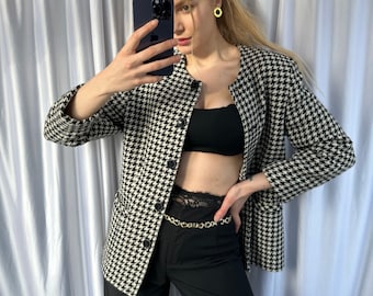 Blazer vintage en laine noire et blanche Houndstooth, veste élégante et élégante pour femme