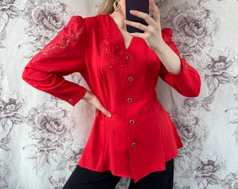 chemisier sur mesure rouge vintage à manches bouffantes, élégant chemisier brodé avec manches avec dentelle transparente