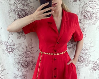 Vintage red buttoned midi dress, women’s 90s elegant dress with short sleeves and pockets