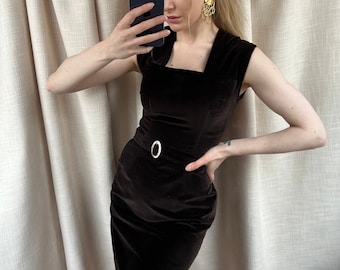 Vintage belted brown velvet dress, sleeveless mini dress with square neckline