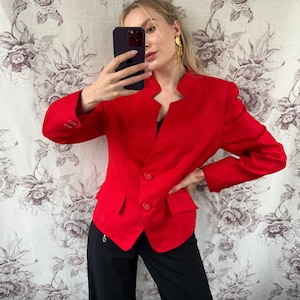 Vintage red linen blazer, elegant women&#39;s jacket with unique neckline