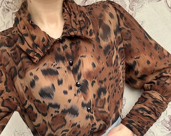 Vintage black and brown animal print blouse, elegant shirt with pleated collar and cuffs