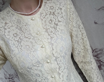 Vintage cream white lace blouse, 70s women’s shirt with pearl buttons