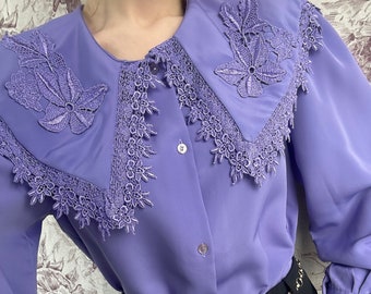 Vintage purple embroidered blouse, 70s shirt with puritan collar