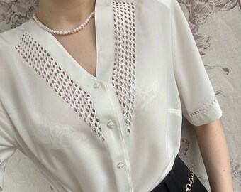 Vintage short sleeve white blouse, elegant summer women’s shirt with see through neckline