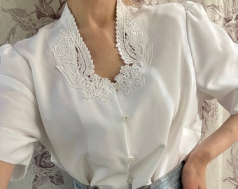 Vintage embroidered lace  white blouse, elegant women’s shirt with short sleeves