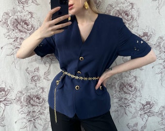Chaqueta estilo blusa vintage de viscosa y seda azul marino, elegante y clásica chaqueta de mujer con mangas cortas bordadas