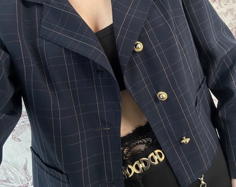 Vintage navy blue check blazer, elegant 90s jacket with golden buttons