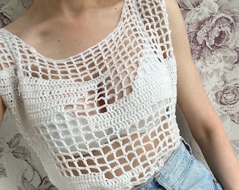 Vintage white knitted top, summer see through crochet top