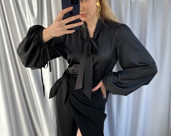 Handmade satin bishop sleeve blouse, elegant black long sleeve blouse