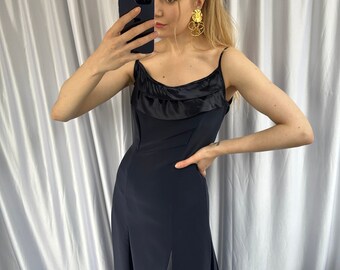 Vintage navy midi dress with satin details, elegant sleeveless dress