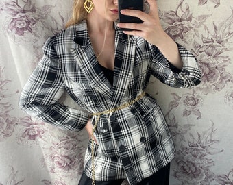 Vintage black and white plaid elegant blazer