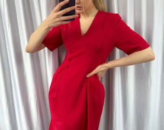 Vestido midi rojo vintage, elegante vestido de mujer con mangas cortas