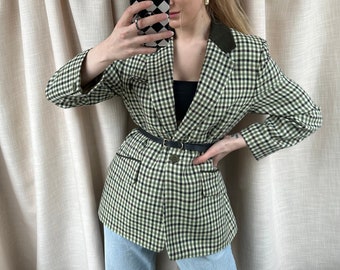 Vintage green check wool blazer, classy wool jacket