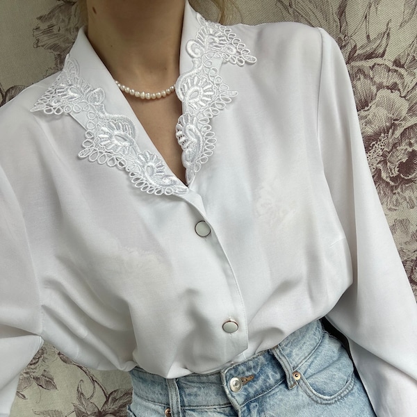 Vintage white embroidered blouse, retro 90's romantic classy women's shirt