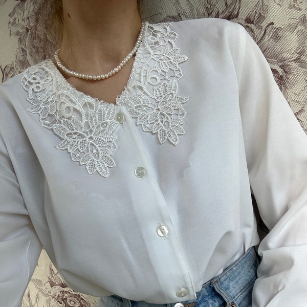 Vintage white blouse with lace crochet collar, elegant romantic women’s shirt