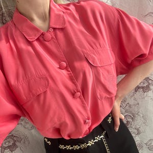 Vintage oversized viscose coral pink blouse, retro women’s short sleeve shirt