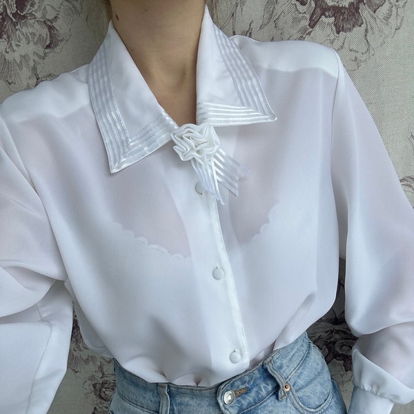 Vintage see through white blouse with detachable floral rose brooch, elegant sheer women’s shirt with satin striped collar