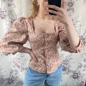 Vintage style handmade pink floral top with puff sleeves