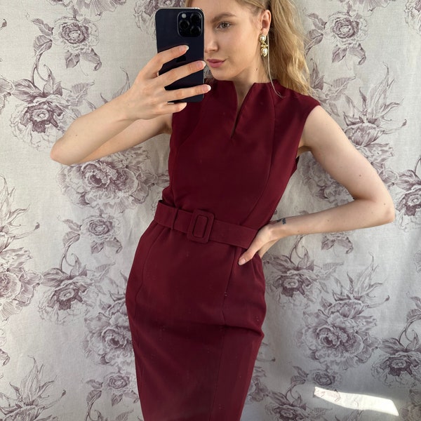 Vintage burgundy red midi dress, sleeveless belted dress