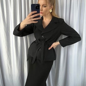 blazer ceinturé noir vintage, veste sur mesure élégante et élégante pour femme