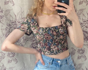 Vintage style handmade tapestry purple cropped top with floral print