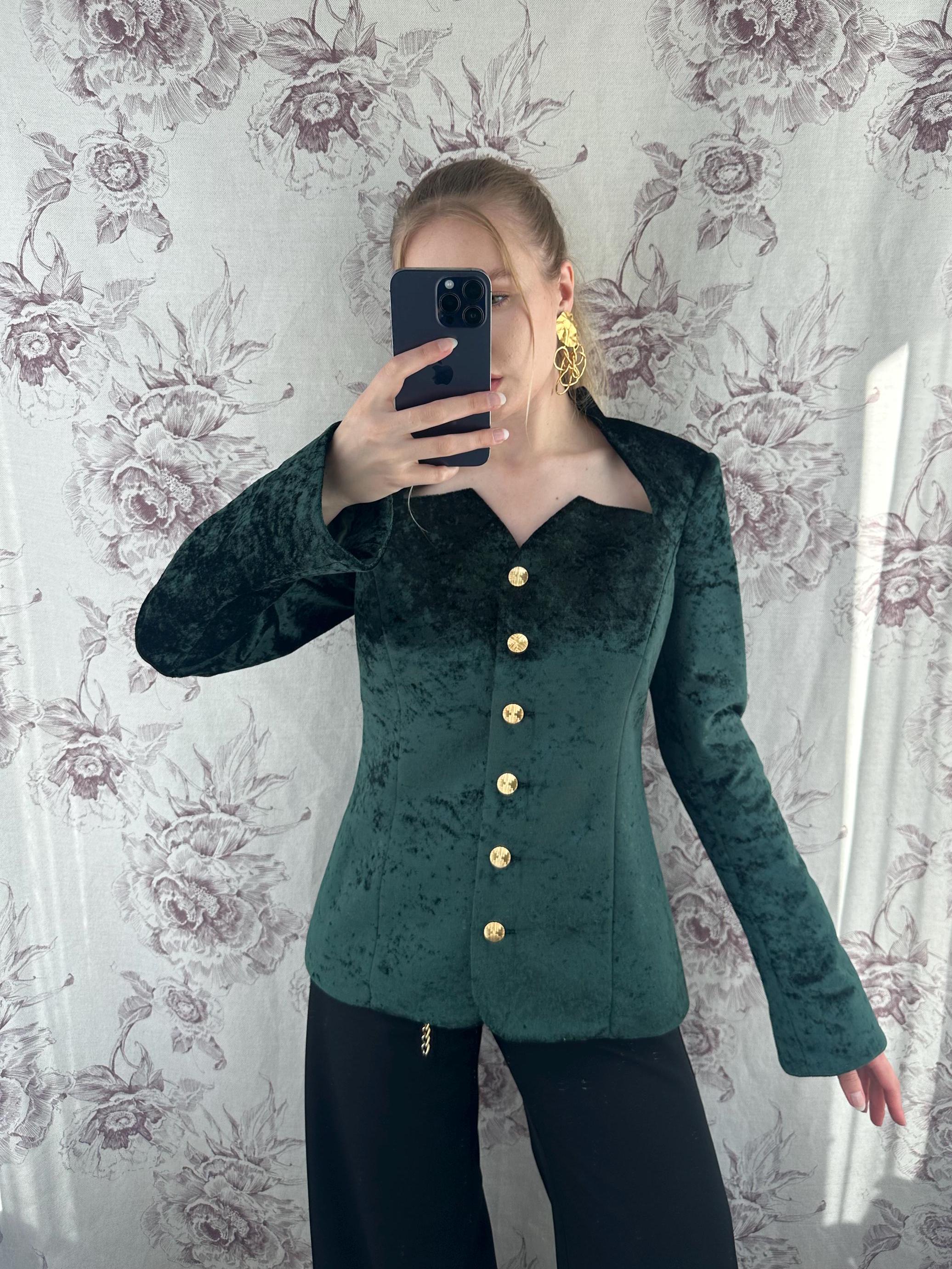 Handmade Vintage Style Emerald Green Velvet Blazer With Bell