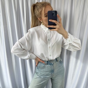 Vintage white sheer blouse with embroidery details, elegant see through shirt image 6