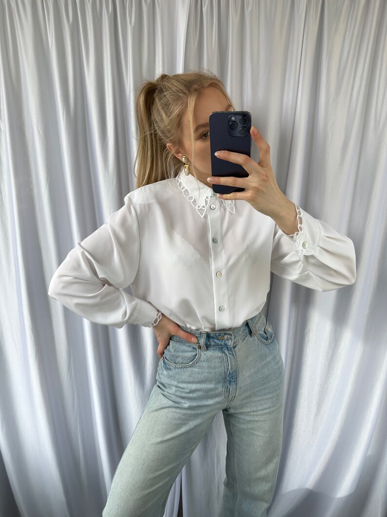Vintage white sheer blouse with embroidery details, elegant see through shirt image 6