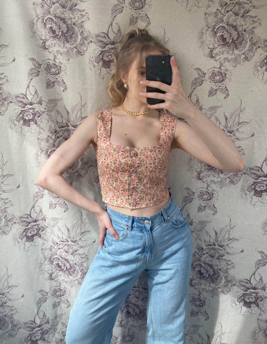 Vintage Style Handmade Pink Floral Print Sleeveless Crop Top - Etsy
