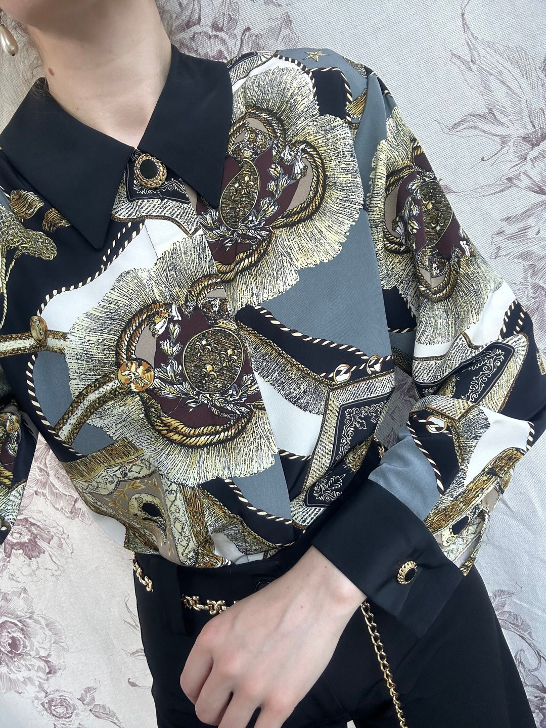 vintage gold silky button blouse long sleeve ornate print ... main image 0