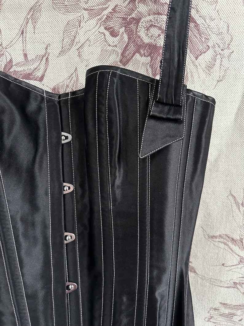 Vintage handmade black satin corset, elegant Gothic women's lace up corset image 9