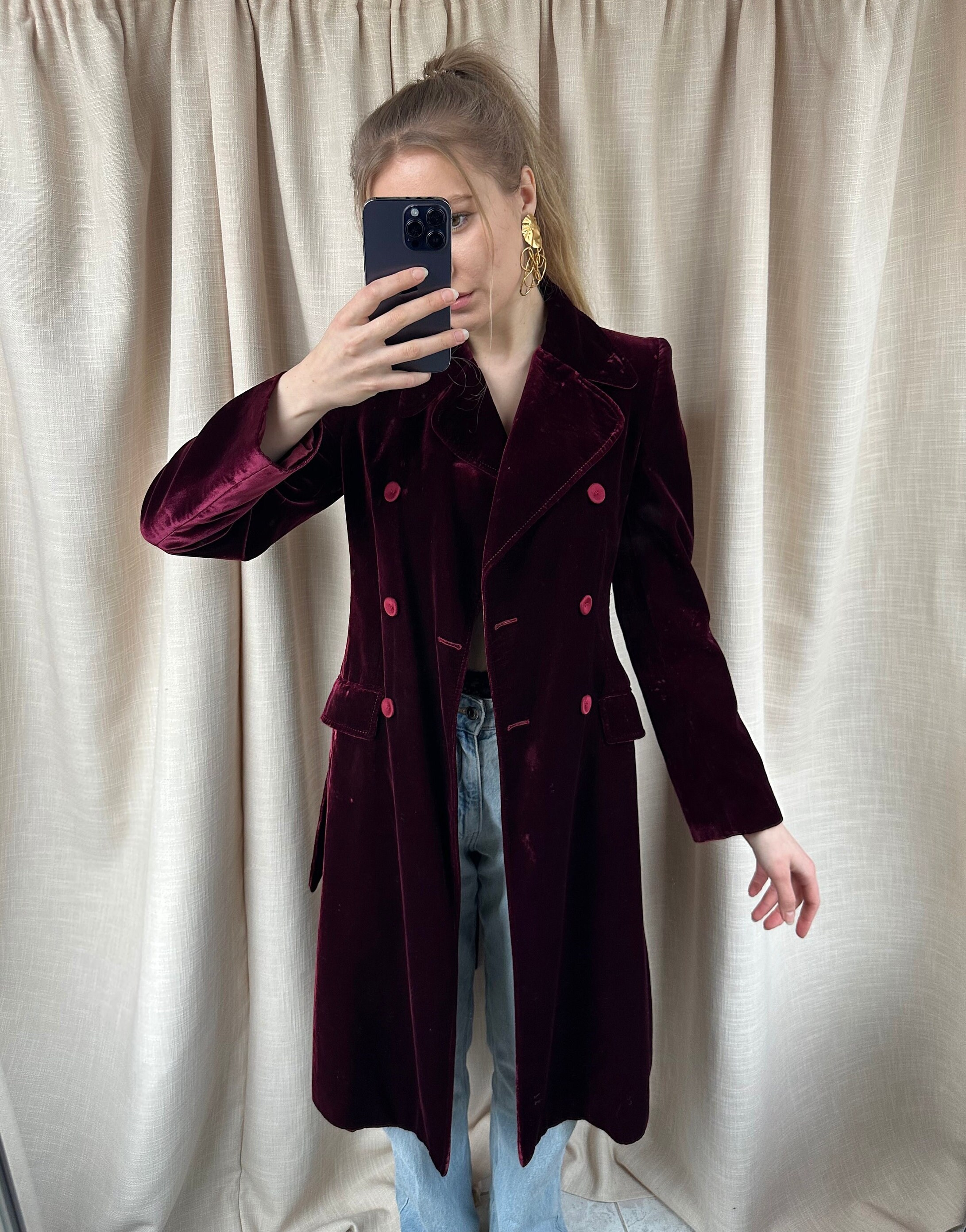 Vintage Unique Gianfranco Ferre Burgundy Trench Coat, Rare Velvet 