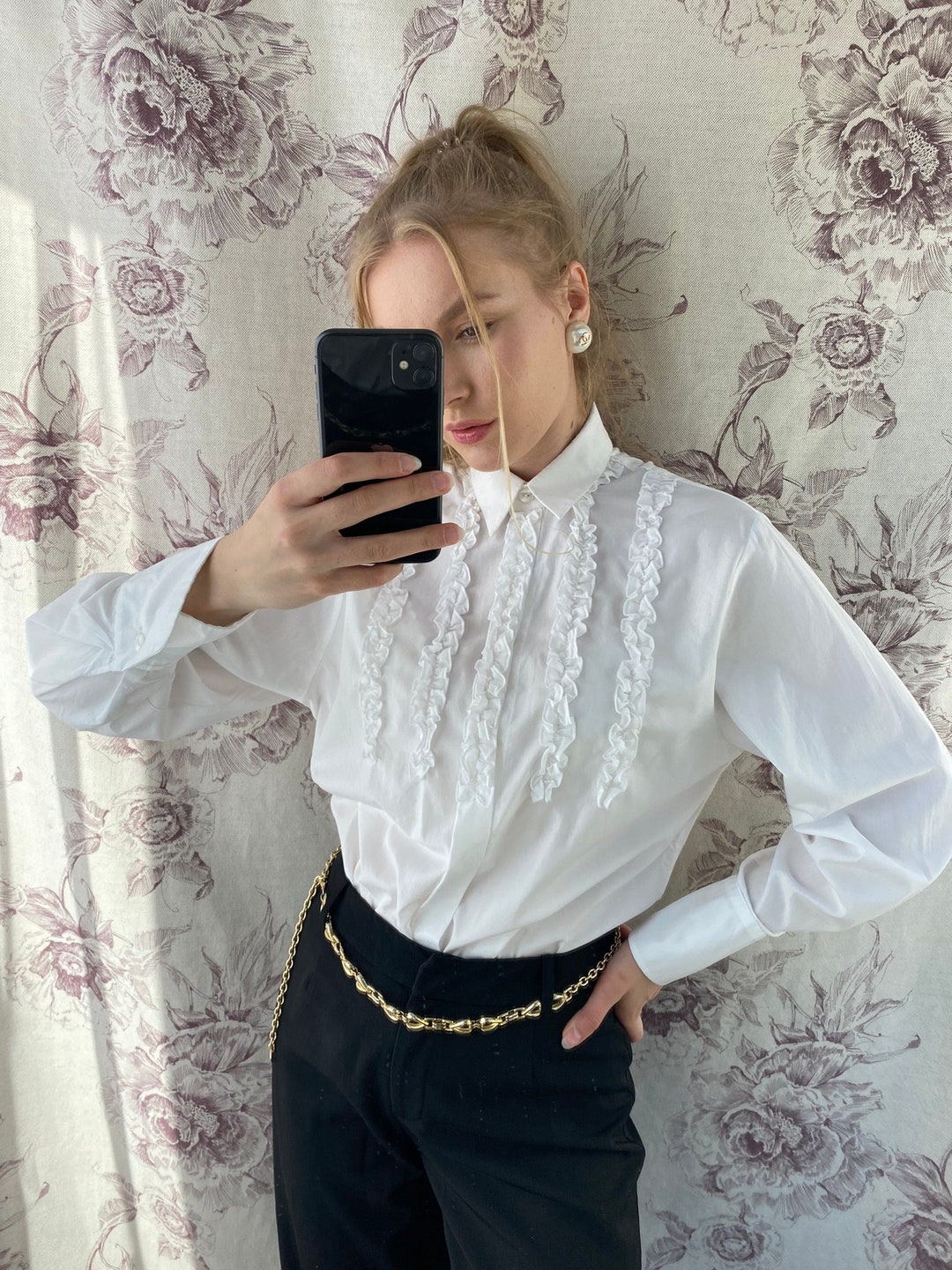 Vintage Lightweight Ruffle Collar Blouse White PLUS main image 0