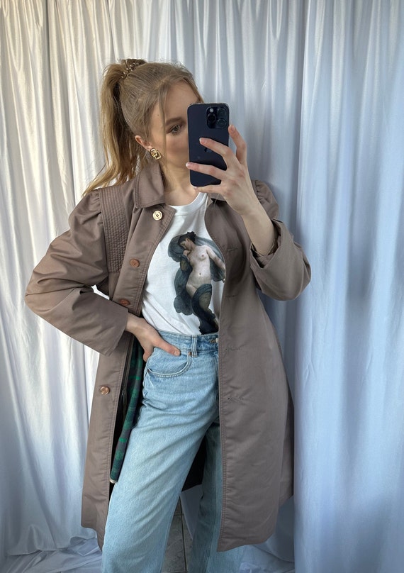 Vintage beige brown trench coat, belted warm trench coat, tie waist autumn winter coat