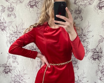 Vintage red velvet mini dress with long sleeves