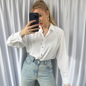 Vintage white sheer blouse with embroidery details, elegant see through shirt image 5