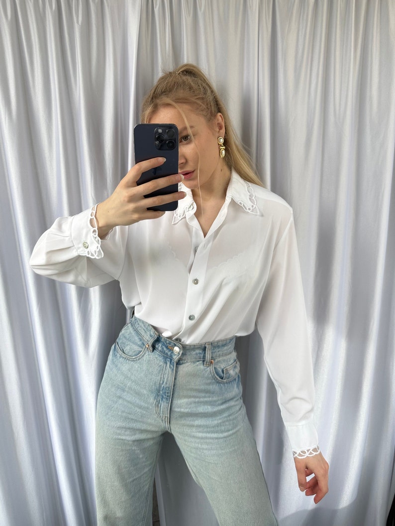 Vintage white sheer blouse with embroidery details, elegant see through shirt image 5