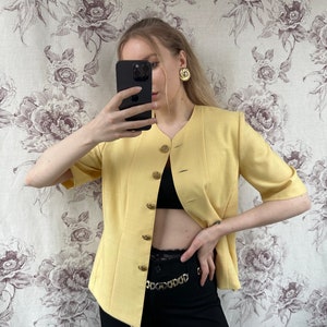 blazer vintage en laine jaune à manches courtes, veste pour femme élégante et chic image 7